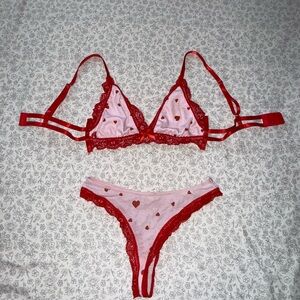 Adore Me Red and Pink Heart Lace Bra Set